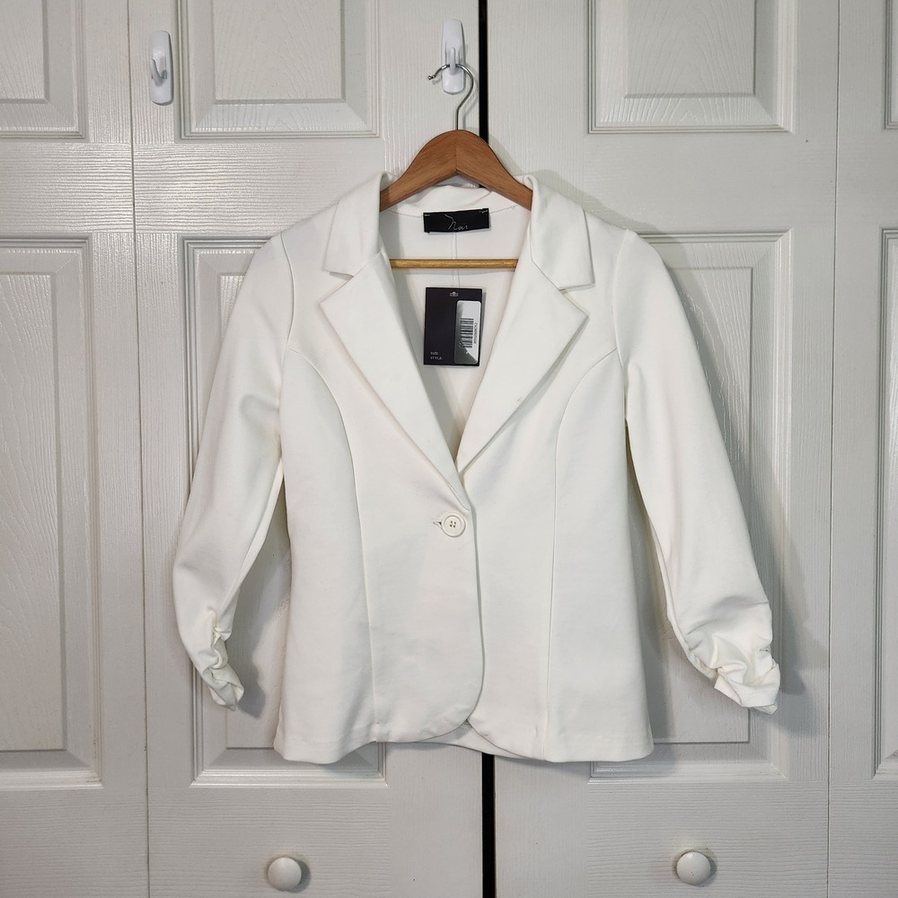 Noir Womens White Ruched 3/4 Sleeve Single Button Blazer Jacket Size M USA Made